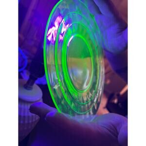 Set of 2 Vintage Green Uranium Glass Plates Block Optic 8” Vaseline Glass Glows!